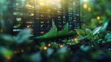 Visualization of data analytics on plant growth in a lush garden. The backdrop features green leaves and graphs, showcasing the impact of environmental factors. photo