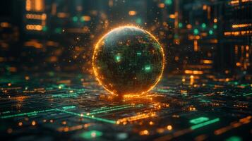 A luminous globe composed of digital elements rests on a circuit board illuminated with vibrant colors. This artwork represents advancement in technology and interconnectedness. photo