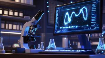 Modern laboratory featuring a microscope and a computer monitor displaying intricate bioinformatics data. Glass flasks filled with liquid complete this high-tech research environment. photo
