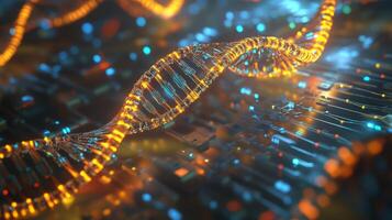 This visual represents the blend of biotechnology and artificial intelligence, showcasing a digital DNA strand intertwined with computer circuitry. photo