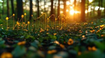 Sunlight filters through trees in a forest, illuminating a bed of vibrant flowers and projecting a data graph above the ground. The scene captures the harmony of nature and technology. photo