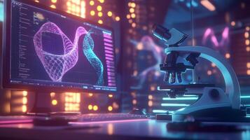 A high-tech laboratory features a microscope and a computer displaying intricate biophysical data visualizations. photo