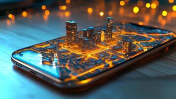 A detailed cityscape model shines on the surface of a smartphone, surrounded by warm glowing lights. The scene captures a mesmerizing blend of technology and urban design. photo