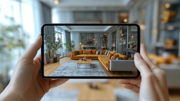 A person holds a smartphone displaying a stylish living room featuring plush orange sofas, soft lighting, and elegant decor. photo