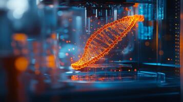 A detailed view showcases a luminous DNA strand rendered by advanced AI technology. This development is part of research aimed at enhancing bio-computing applications and genetic studies. photo