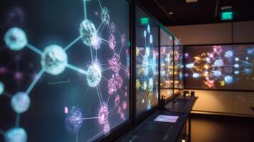 Colorful digital representations of molecular connections display advanced research techniques in artificial intelligence and biotechnology. photo