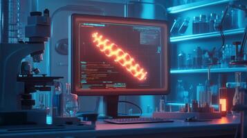 A brightly lit laboratory features a computer monitor with a glowing DNA sequence visualization. photo