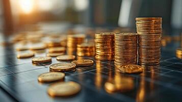 Gold coins are stacked prominently on a dark surface, while several coins are scattered around. The warm glow of sunset creates an atmosphere of wealth and opportunity. photo