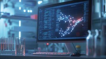 A computer screen displays complex data visualizations related to bioinformatics and artificial intelligence. photo