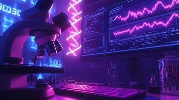 A well-equipped lab showcases a microscope alongside a computer displaying dynamic graphs. Colorful neon lights illuminate the space, emphasizing the integration of biology and technology. photo