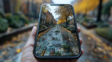 A hand holds a smartphone, showing a picturesque autumn street with vibrant yellow trees and fallen leaves, creating a peaceful, inviting atmosphere in a charming neighborhood. photo