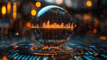 A striking digital representation of a globe, featuring vibrant data visualization. The orb sits on a high-tech interface filled with glowing elements, emphasizing innovation and technology. photo