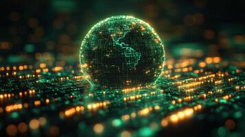 A glowing globe is presented with intricate grid patterns emanating light in various colors. The visual emphasizes technological connectivity and data flow, highlighting a virtual landscape. photo