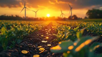 Golden sunlight shines on a lush field during sunset, highlighting green crops and creating a picturesque view with distant wind turbines silhouetted against the colorful sky. photo