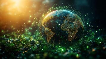 A luminous globe representing Earth sits on a bed of lush greenery, illuminated by soft golden light and sparkling particles at twilight. The atmosphere is serene and enchanting. photo