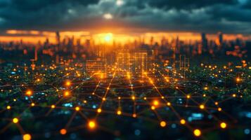 A vibrant sunset casts a warm glow over a futuristic city, with illuminated digital connections forming a network across the landscape. The skyline features tall buildings and a dynamic atmosphere. photo