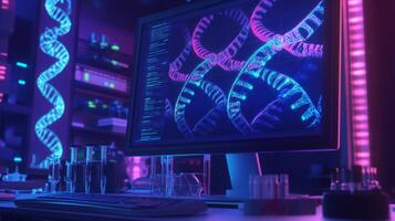 A computer screen displays dynamic graphics of DNA strands, highlighted in vivid colors. photo