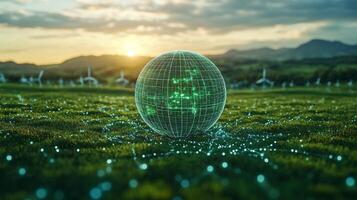 A translucent globe with green digital patterns sits on a lush green field. Wind turbines are visible in the background under a vibrant sunset sky, highlighting renewable energy themes. photo