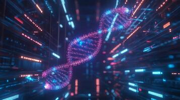 A dynamic Visualization of a DNA double helix represents the fusion of artificial intelligence and biological information. photo