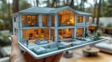 A person holds a meticulously crafted architectural model of a contemporary house, featuring illuminated rooms, in a serene forest environment, showcasing design and craftsmanship. photo