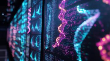 Colorful digital representations highlight complex patterns in bioinformatics data analysis displayed on computer screens. photo