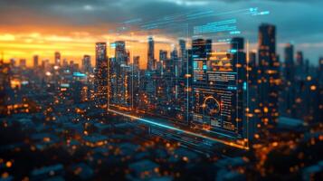 A stunning urban skyline glows under a vibrant sunset, showcasing tall skyscrapers. Digital interfaces display data and graphs, blending technology with the cityscape in a modern setting. photo