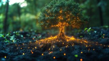 A stunning tree radiates warm, glowing lights from its branches and roots in a tranquil forest during twilight. It creates a mystical atmosphere amidst the surrounding greenery. photo