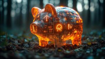 A piggy bank illuminated with a warm glow sits among fallen leaves in a dense forest. Its surface features intricate digital patterns, symbolizing wealth and savings concepts. photo