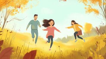 Three friends enjoy a sunny autumn day, laughing and running through a vibrant landscape filled with golden leaves. Their carefree spirits reflect the warmth of the season. photo