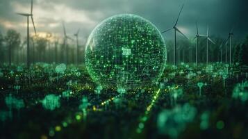 In a lush field filled with wind turbines, a large glowing data sphere sits among digital plants, symbolizing the integration of technology and nature. photo