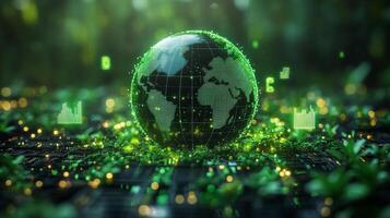 A digital representation of the Earth is surrounded by vibrant greenery, showcasing the integration of technology and nature. This visual emphasizes eco-friendly solutions for a sustainable future. photo