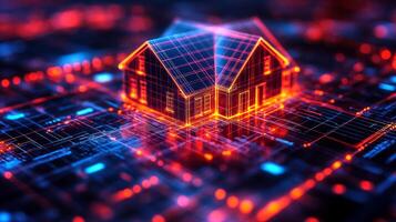 A futuristic house design appears in bright neon colors, set against a digital landscape filled with intricate circuitry patterns. photo