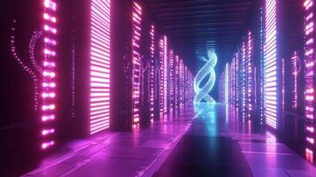 A futuristic corridor features bright pink and blue lights illuminating vertical structures, creating a vibrant atmosphere. At the end, a DNA-inspired design captivates the viewer's attention. photo