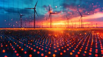 Wind turbines stand against a stunning sunset, illuminating the landscape with vibrant colors. Electric patterns create a dynamic atmosphere, emphasizing renewable energy. photo