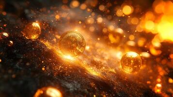 Bright golden coins float amidst a spectacular fiery background, creating a stunning visual representation of wealth and technology merging with nature. photo