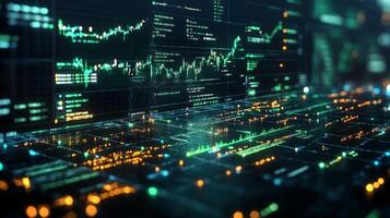 A complex digital interface displays financial market data with various graphs and statistics. Bright colors signify trends and fluctuations, capturing market activity clearly. photo