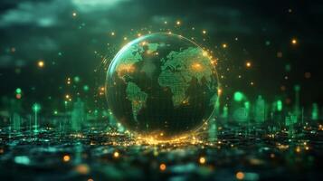 A globe is displayed at the center, glowing with green light against a dark background. photo