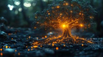 A tree radiates warm, glowing lights, creating a magical atmosphere on the forest floor. Soft twilight filters through branches, enhancing the serene environment. photo