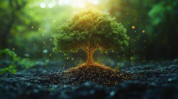 A tree stands prominently in fertile soil, its roots aglow with light. Surrounding it are lush green plants, all illuminated by soft golden sunlight filtering through the forest. photo