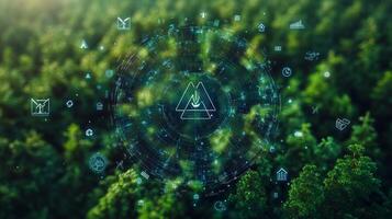 A circular digital interface displays various icons and graphs over a vibrant green forest. This representation highlights trends in environmental data and sustainability efforts. photo