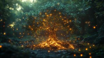 A stunning tree with glowing elements emanates light in a peaceful forest during twilight. The surrounding atmosphere is magical, filled with soft illumination and serenity. photo