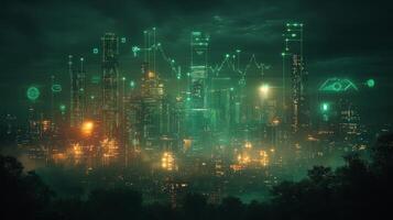 A vibrant, futuristic city skyline shines with green lights under a dark sky. Digital data overlays provide information, creating a high-tech atmosphere. Buildings tower above shrouded in mist. photo