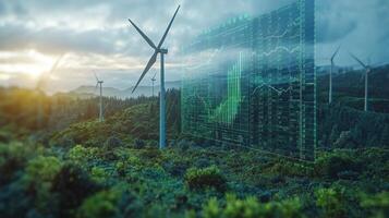 Wind turbines stand tall on a lush hillside, capturing energy as digital data overlays display performance metrics. The sun sets, casting a warm glow over the renewable energy landscape. photo