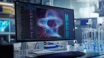 A sleek workspace displays a computer monitor showcasing intricate data visualizations related to artificial intelligence. photo