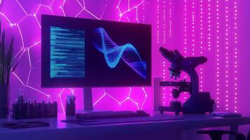 A computer workspace showcases advanced technology with a monitor displaying data visualization. photo