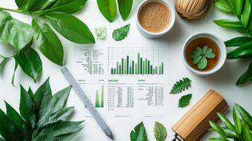 A neat workspace is arranged with greenery, steaming coffee, and charts showcasing data analysis. Natural elements enhance productivity and creativity during work hours. photo