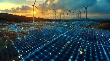 Solar panels capture the last light of sunset while wind turbines stand tall in the background, symbolizing a commitment to renewable energy. The landscape glows with technological promise. photo