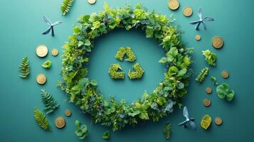 A circular arrangement of fresh green leaves surrounds a recycling symbol, with coins scattered around. This artistic display represents sustainability and environmental consciousness. photo