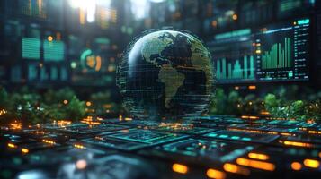 A digital globe showcasing various data visualization elements hovers above a tech-infused cityscape. photo