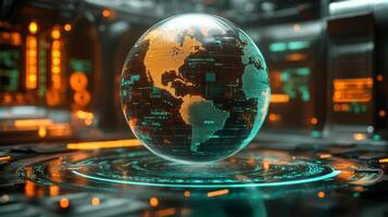 A holographic globe showcases the Americas illuminated with vibrant colors amid a high-tech environment filled with data streams and glowing panels. photo